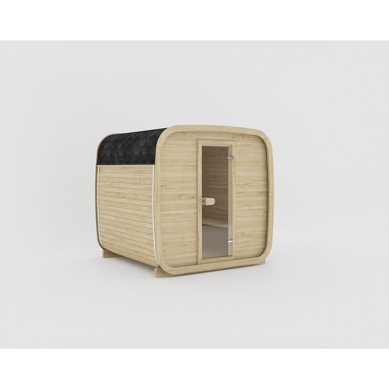 Celsium Ula Small Outdoor Sauna in Naturholz mit Glasfront und schwarzem Dach – moderne Premiumsauna für den Garten im skandinavischen Look