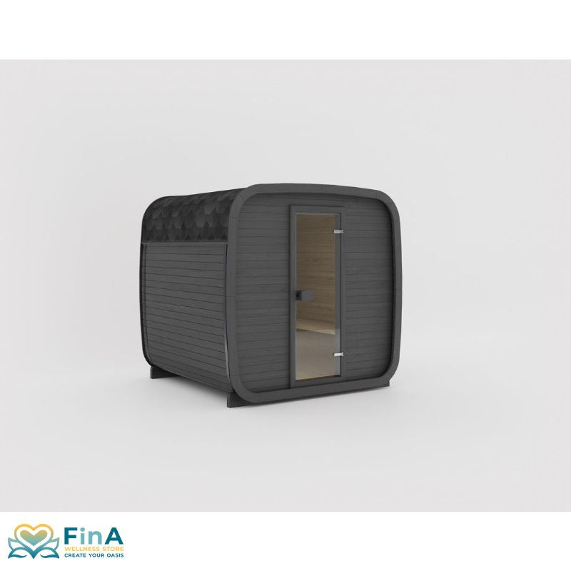 Celsium Ula small Outdoor Sauna in Schwarz mit Glasfront und gerundetem Design – kompakte Premium-Gartensauna für zwei Personen