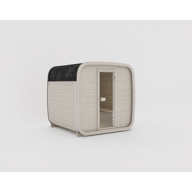 Celsium Ula small Outdoor Sauna in Weiß mit Glasfront und schwarzem Dach – stilvolle kompakte Gartensauna im nordischen Design