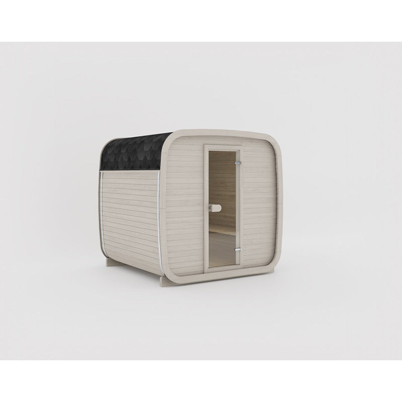 Celsium Ula small Outdoor Sauna in Weiß mit Glasfront und schwarzem Dach – stilvolle kompakte Gartensauna im nordischen Design