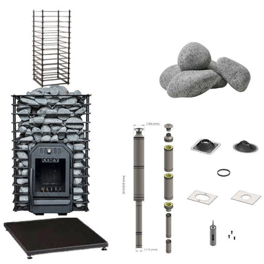Abbildung des Cozy 12 Quattro Saunaofen-Komplettsets: inkl. Ofen mit Frontbefeuerung, Steinkorb, 120 kg Saunasteine, Schornsteinsystem, Bodenplatte, Frontabdeckung, Wanddurchführung und Zubehör – ideal für Saunen von 6–13 m³.