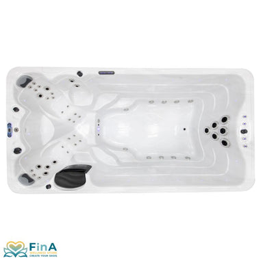 Oberansicht des FinA Orel Swim Spa – luxuriöser 4-Personen-Whirlpool mit Massage- und Schwimmbereich, LED-Beleuchtung und ergonomischen Sitzen.
