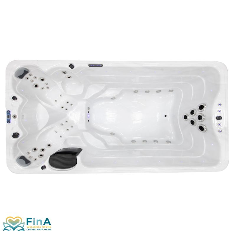 Oberansicht des FinA Orel Swim Spa – luxuriöser 4-Personen-Whirlpool mit Massage- und Schwimmbereich, LED-Beleuchtung und ergonomischen Sitzen.