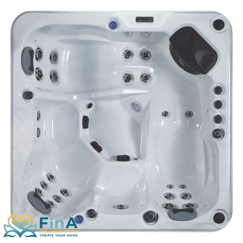 Topansicht des FinA Calessia Outdoor Whirlpools für 5 Personen mit ergonomischer Sitz- und Liegeanordnung, Sterling Silver Wannenfarbe und integrierten Massagedüsen