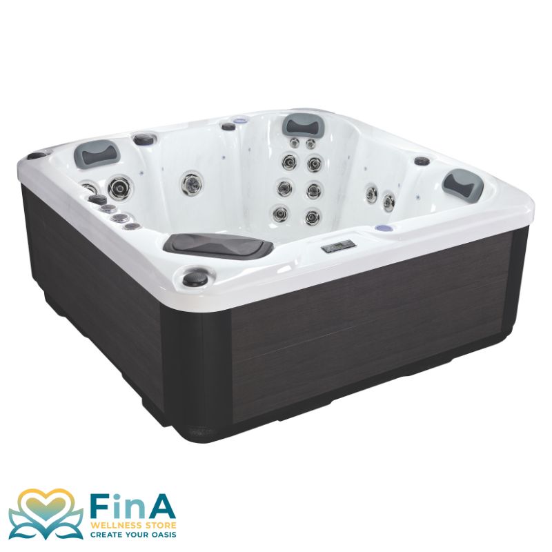 Outdoor Whirlpool FinA Calessia für 5 Personen mit ergonomischen Sitzen, Sterling Silver Acrylwanne, grauen Seitenwänden und LED-Beleuchtung