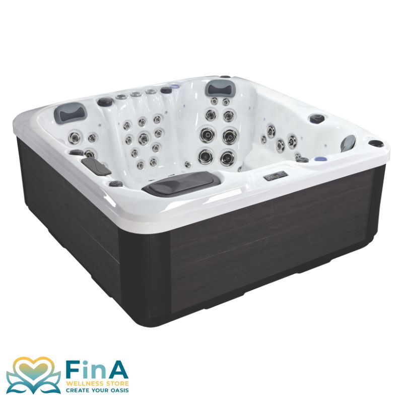 Outdoor Whirlpool FinA Luno von FinA Wellness für 5 Personen mit Acrylwanne in Sterling Silver und moderner Seitenverkleidung in Grau – luxuriöses Design mit Massagedüsen und Kopfstützen.