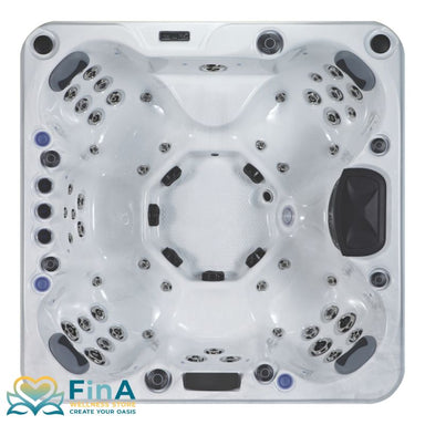 Topansicht des FinA Soluna Whirlpools für 7 Personen mit symmetrisch angeordneten Massagedüsen, ergonomischen Sitzen und zentralem Fußbereich