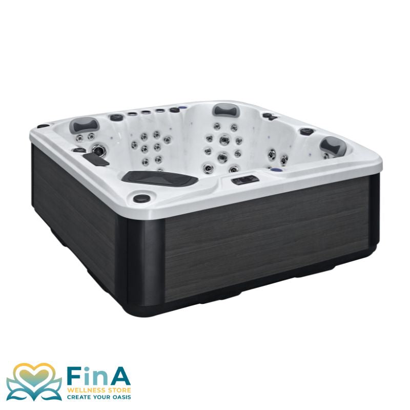 FinA Xaluna Outdoor Whirlpool für 5 Personen mit grauer Seitenverkleidung und weißer Acrylwanne, ausgestattet mit zahlreichen Massagedüsen und Kopfstützen.