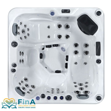 Draufsicht auf den FinA Xaluna Outdoor Whirlpool für 5 Personen mit ergonomisch geformten Sitz- und Liegeplätzen, 57 Massagedüsen und LED-Ausstattung, FinA Wellness Logo unten links.