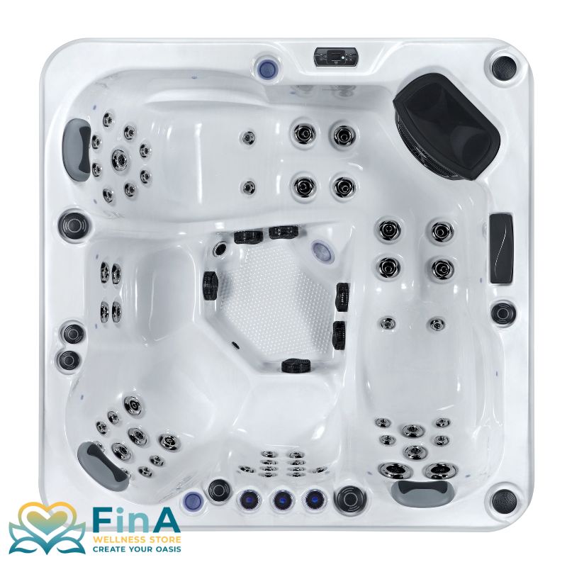 Draufsicht auf den FinA Xaluna Outdoor Whirlpool für 5 Personen mit ergonomisch geformten Sitz- und Liegeplätzen, 57 Massagedüsen und LED-Ausstattung, FinA Wellness Logo unten links.