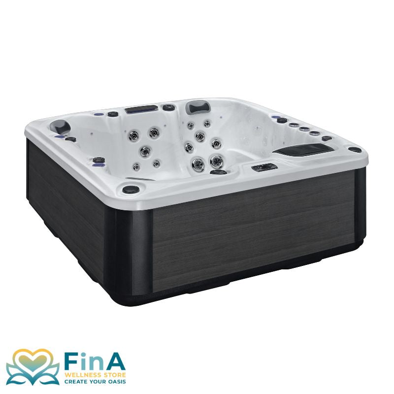 FinA Zelano Outdoor Whirlpool für 6 Personen mit weißem Innenbecken und dunkler Verkleidung – Whirlpool mit Massagedüsen, LED-Beleuchtung und moderner Steuerung
