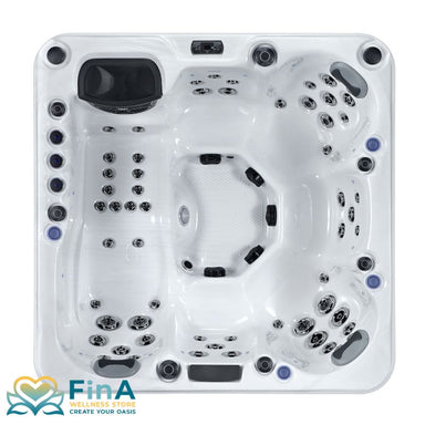 Oberansicht des FinA Zelano Whirlpools für 6 Personen mit ergonomischen Sitzplätzen, Liegefläche, zahlreichen Massagedüsen und integrierter Steuerung – Acryl-Innenwanne in Sterling Silver