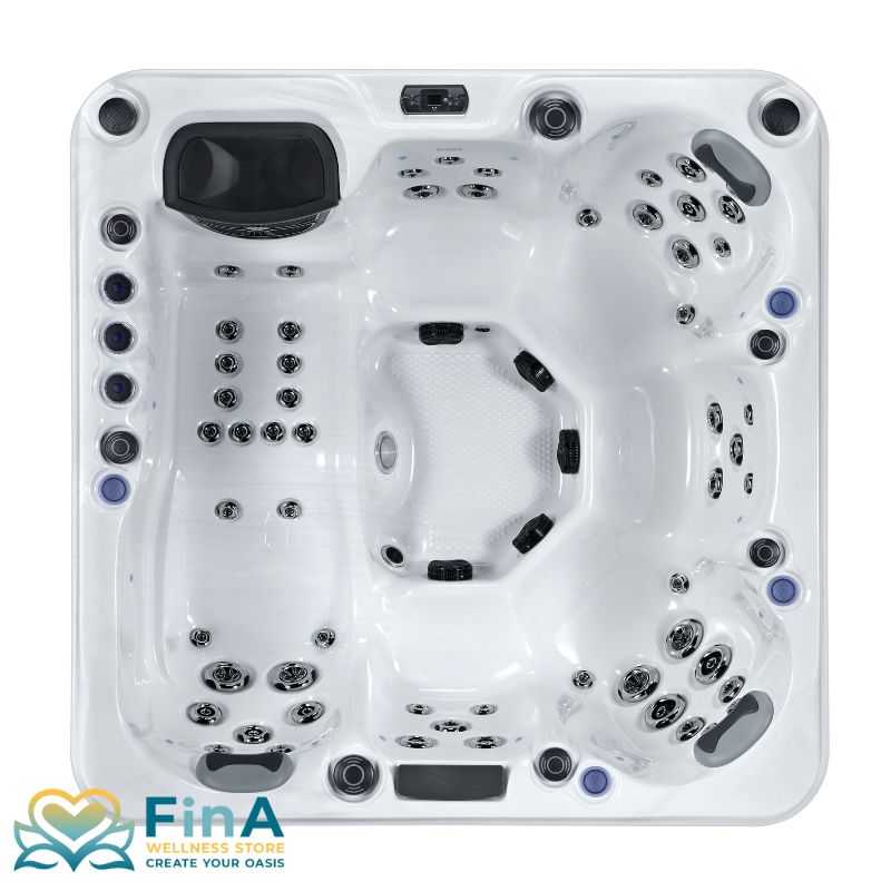 Oberansicht des FinA Zelano Whirlpools für 6 Personen mit ergonomischen Sitzplätzen, Liegefläche, zahlreichen Massagedüsen und integrierter Steuerung – Acryl-Innenwanne in Sterling Silver