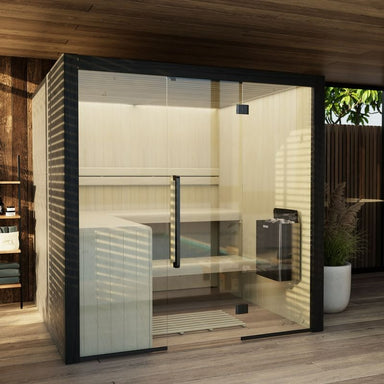 Hekla 210X Indoor-Sauna mit Glasfront, Holzbänken und Harvia Saunaofen