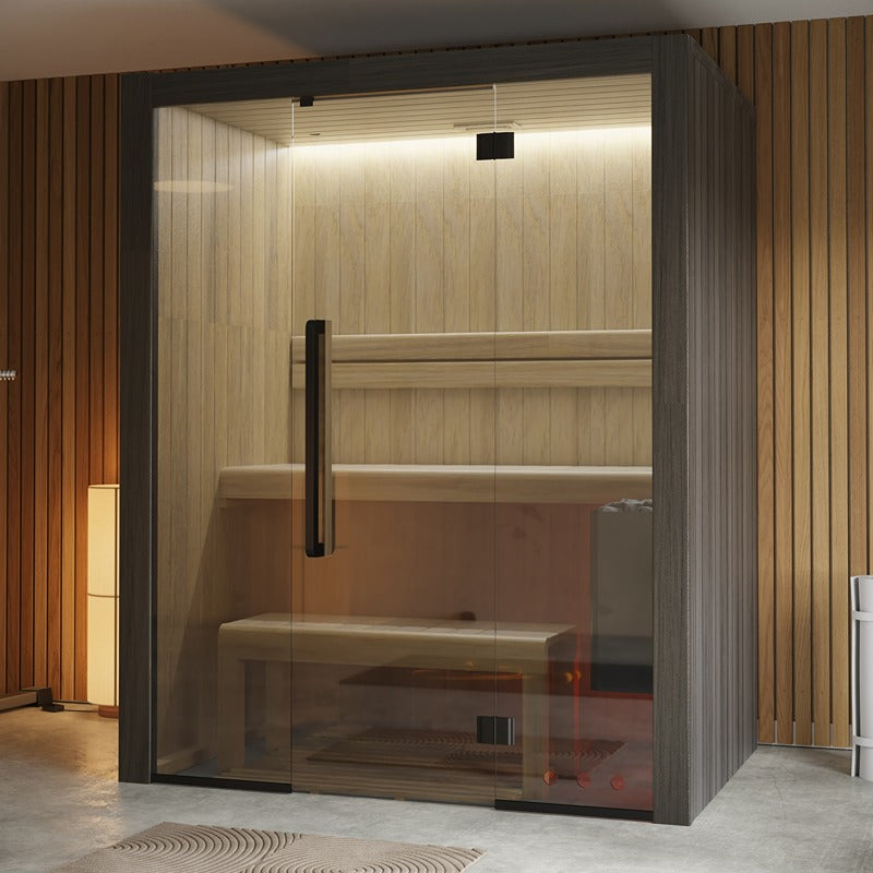 Frontalansicht – Hekla Traditional 160 Innensauna mit doppelter Bank und Glaselementen