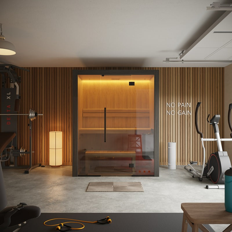 Hekla Traditional 160 – kompakte Sauna mit LED-Beleuchtung im stilvollen Home-Gym