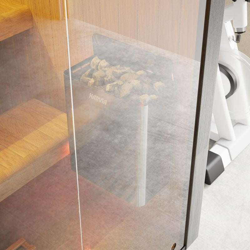 Harvia Saunaofen in Hekla Traditional 210 mit Saunasteinen und Glasfront – Detailaufnahme Innenraum