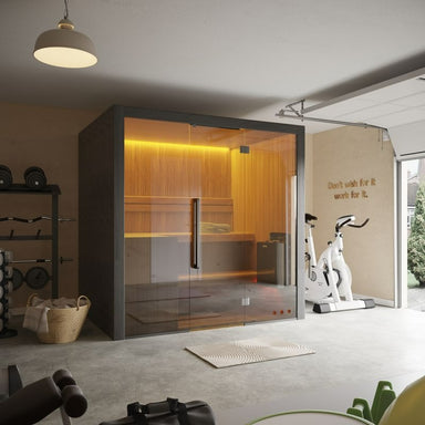 Premium-Innensauna Hekla Traditional 210 – modernes Design mit LED-Licht in Home-Gym Umgebung
