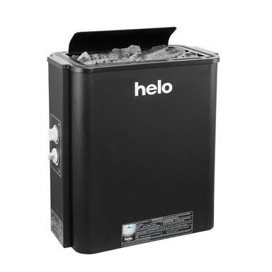 Helo Havanna D Saunaofen – Seitenansicht mit sichtbaren Anschlüssen und Steinfüllung für die Wandmontage