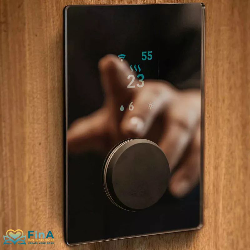 HUUM UKU WIFI Glass black Saunasteuerung an Holzsaunawand – modernes Bedienfeld mit Drehregler