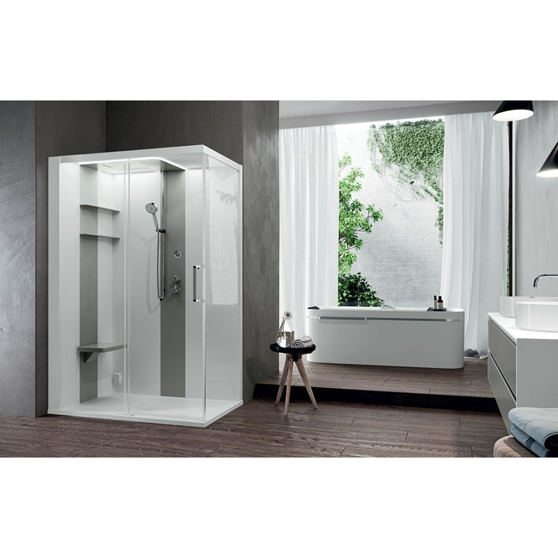 Novellini Skill 2P Dampfdusche in modernem Badezimmer mit Schiebetür, Duschsitz und Massagedüsen – elegantes Spa-Design in Weißgrau