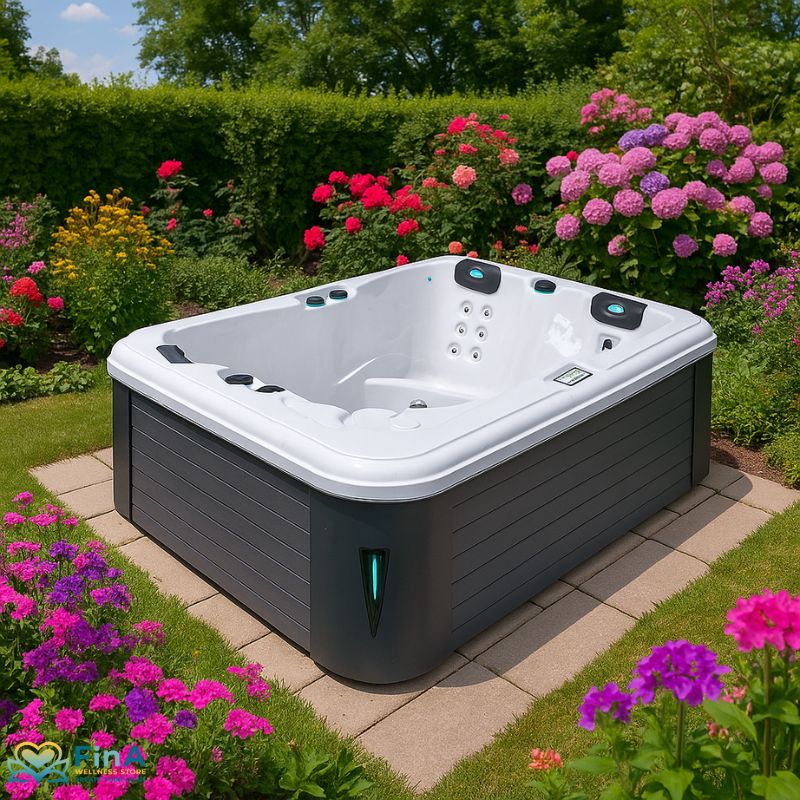 Whirlpool Passion Spas Renew im blühenden Garten – luxuriöser 3-Personen-Whirlpool auf Natursteinplatte, umgeben von farbenfrohen Blumen und grüner Hecke