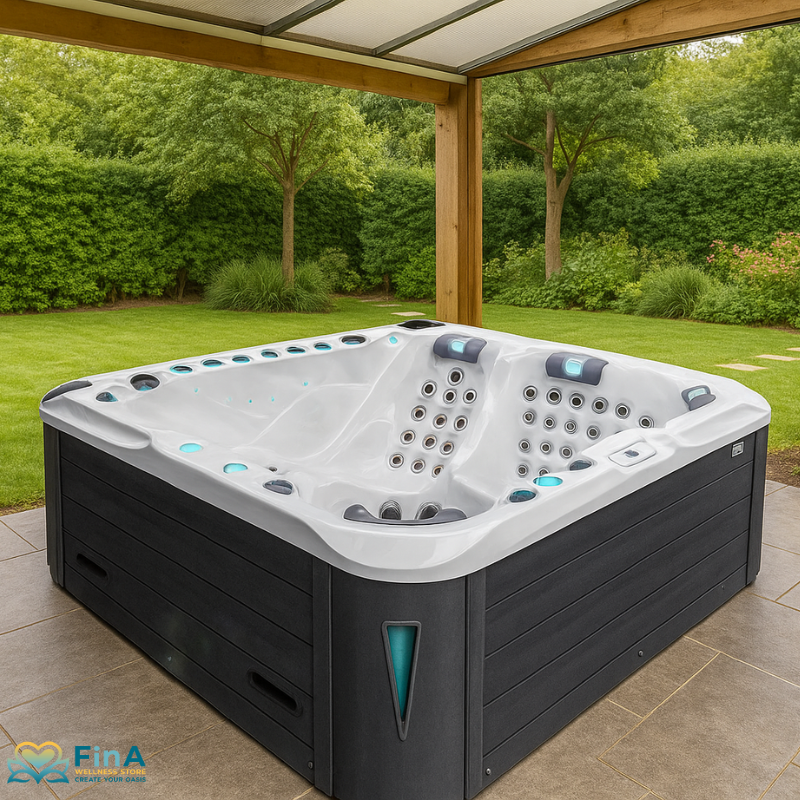 Luxuriöser Whirlpool Passion Spas Felicity im offenen Wintergarten mit Blick ins Grüne – modernes Spa-Design mit zahlreichen Massagedüsen und LED-Beleuchtung auf eleganter Steinfliese, umgeben von gepflegtem Garten