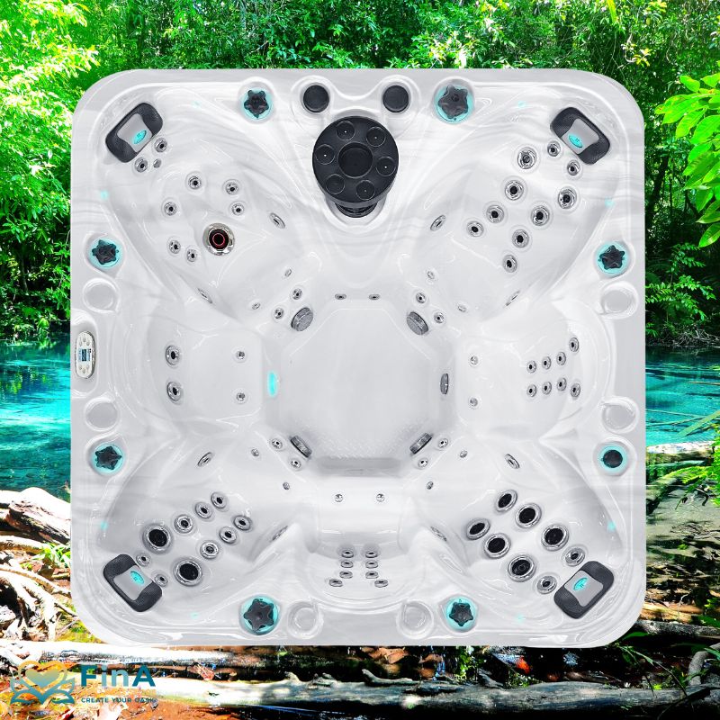 Passion Spas Joy Whirlpool von oben vor tropisch-grünem Hintergrund mit türkisblauem Wasser – Außenwhirlpool mit 7 Sitzplätzen, 88 Massagedüsen und Aqua Rolling™ Funktion aus der Signature Collection, abstrakt inszeniert mit Naturkulisse