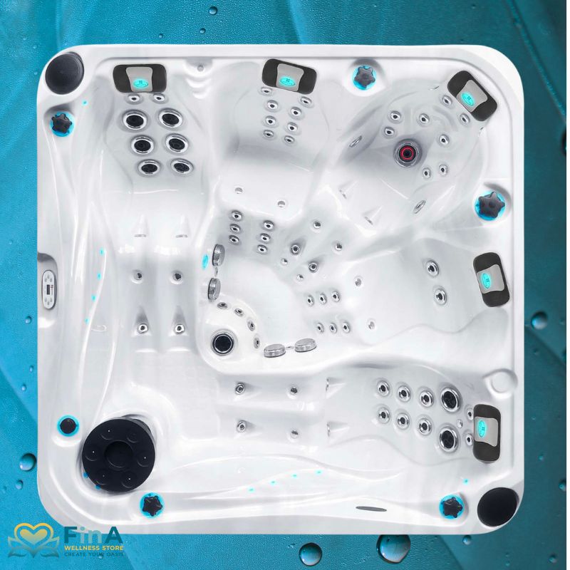 Passion Spas Devotion Spa Whirlpool für 5 Personen in eleganter Draufsicht – luxuriöses Design mit mehreren ergonomischen Sitzen und Aqua Rolling Massage-System