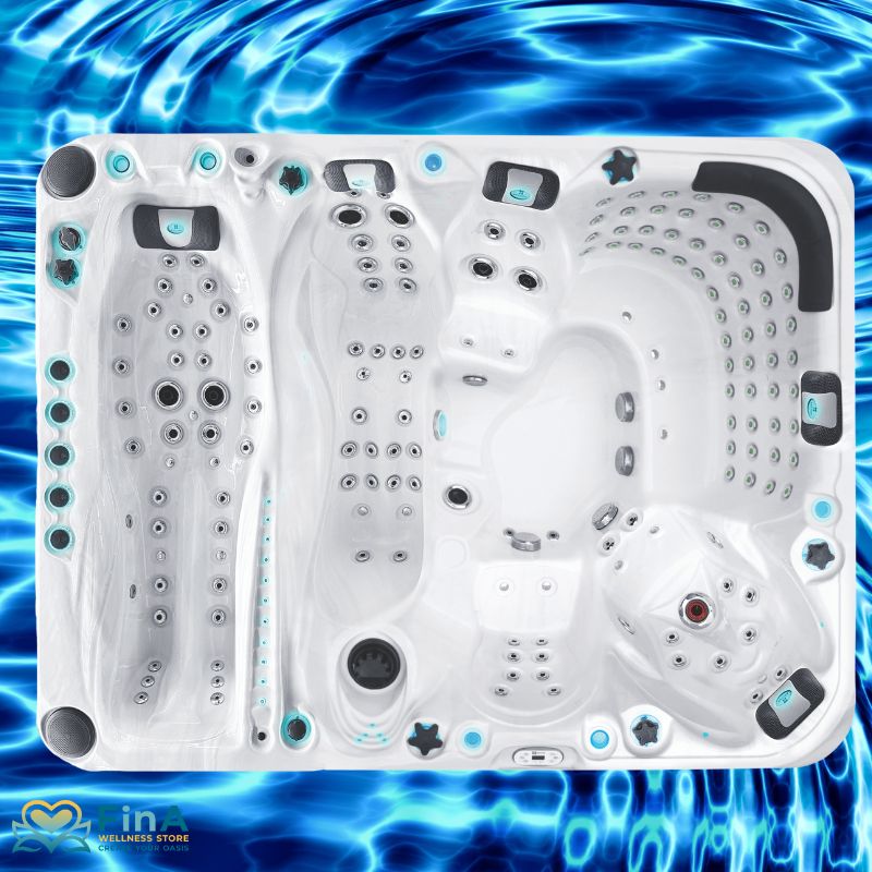 Whirlpool Passion Spas Ecstatic Mighty Wave von oben vor Wasserhintergrund – großzügiges Spa-Design mit zwei Liegen, fünf Sitzen und über 170 Düsen für ganzheitliche Hydrotherapie.