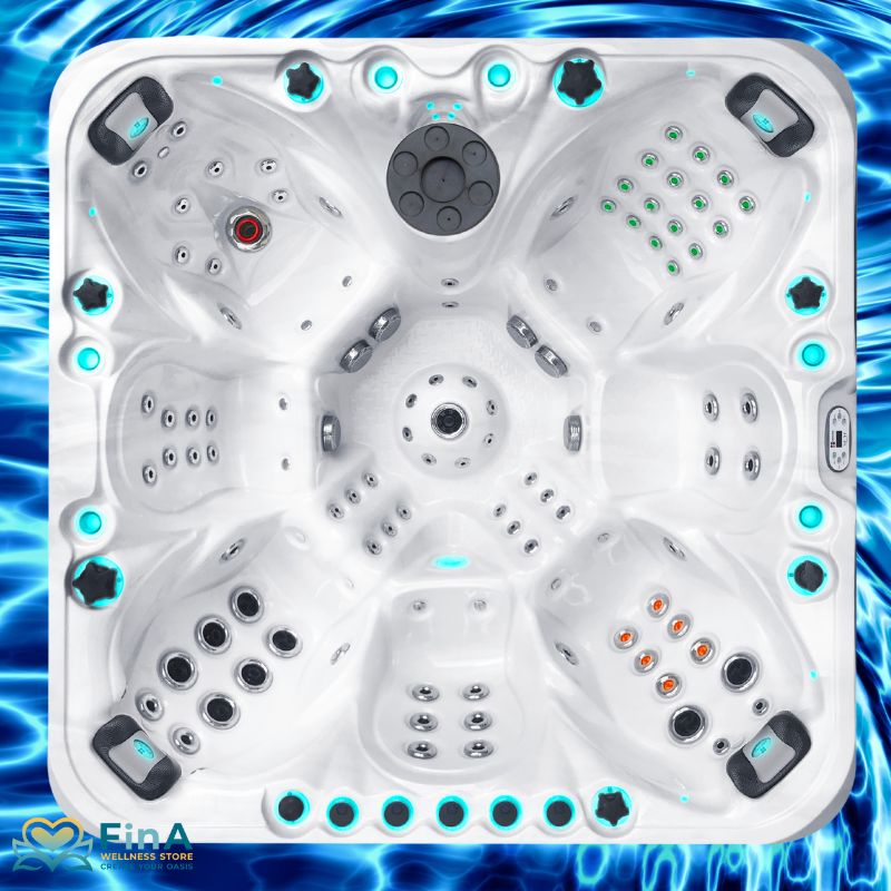 „Vogelperspektive auf den Excite Mighty Wave Spa von Passion Spas mit 7 ergonomischen Sitzplätzen, Massagejets, zentraler LED-Beleuchtung und moderner Linienführung auf blauem Wasser-Hintergrund.“