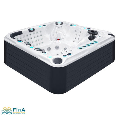 Seitliche Außenansicht des Passion Spas Exhilarate Mighty Wave Whirlpool mit hochwertiger Verkleidung in Anthrazit, klar definierten Massageplätzen und ergonomischem Wannenaufbau.