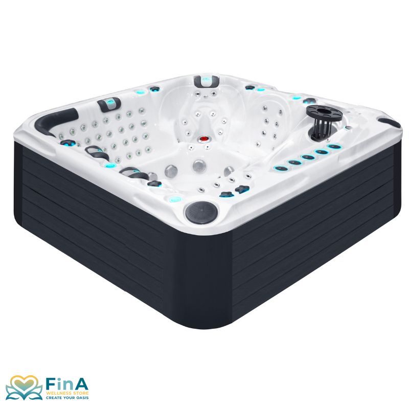 Seitliche Außenansicht des Passion Spas Exhilarate Mighty Wave Whirlpool mit hochwertiger Verkleidung in Anthrazit, klar definierten Massageplätzen und ergonomischem Wannenaufbau.