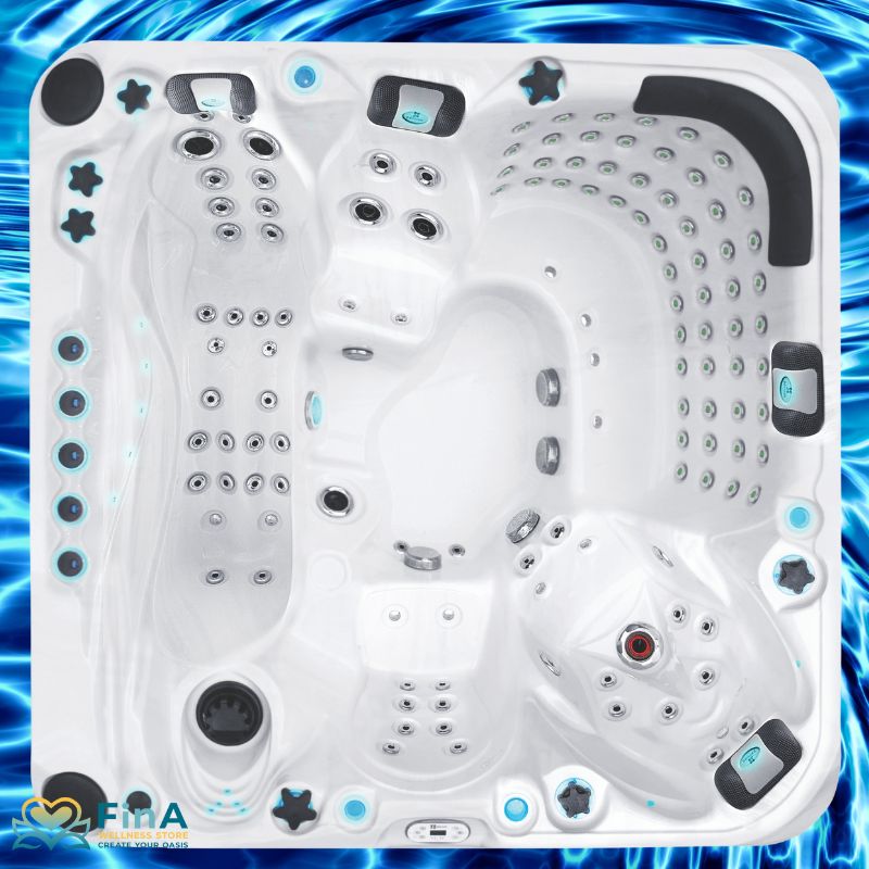 Vogelperspektive auf den Exhilarate Mighty Wave Spa mit Platz für bis zu 7 Personen, dynamischer Jet-Anordnung, Aqua Rolling Massage und mittigem Fußmassagebereich – inszeniert auf abstraktem Wasserhintergrund.
