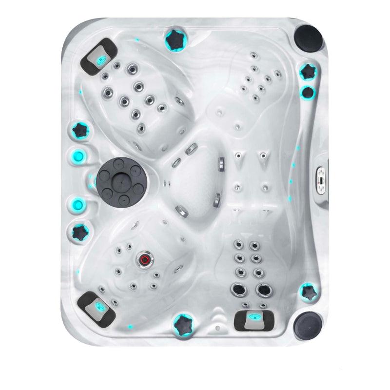 Draufsicht auf den Passion Spas Happy Whirlpool mit beleuchteten Düsen, ergonomischen Sitzformen und zentraler Steuerungseinheit – Acrylwanne in Marmoroptik.