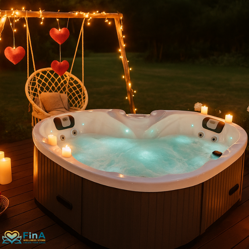 Romantisch inszenierter Heart Whirlpool bei Nacht mit Beleuchtung, Kerzen und Herz-Dekoration – ideal für entspannte Zweisamkeit im Freien
