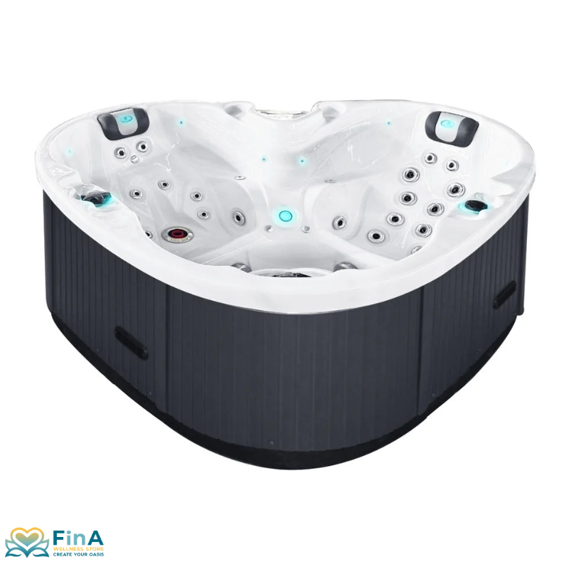 Heart Whirlpool von Passion Spas in Herzform mit Acrylwanne und LED-Beleuchtung – Draufsicht auf zwei ergonomische Sitze mit unterschiedlichen Massagedüsen