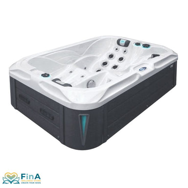 Alt-Text: Seitenansicht des Passion Spas Indulgence Whirlpools mit klarer Linienführung, LED-Akzenten und anthrazitfarbener Außenverkleidung.