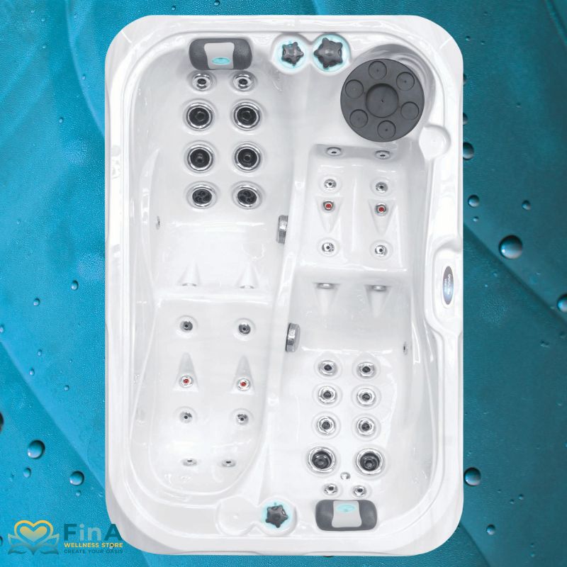 Alt-Text: Whirlpool Passion Spas Indulgence aus der Signature Collection in Vogelperspektive mit ergonomischer Liegefläche und kraftvollen Massagedüsen für zwei Personen.
