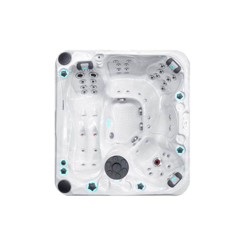 Freigestellte Draufsicht auf den Passion Spas Pleasure Whirlpool mit 5 Sitzplätzen, integrierter LED-Beleuchtung, Aqua Rolling Massage und zentraler Steuerungseinheit – mit FinA Wellness Logo.