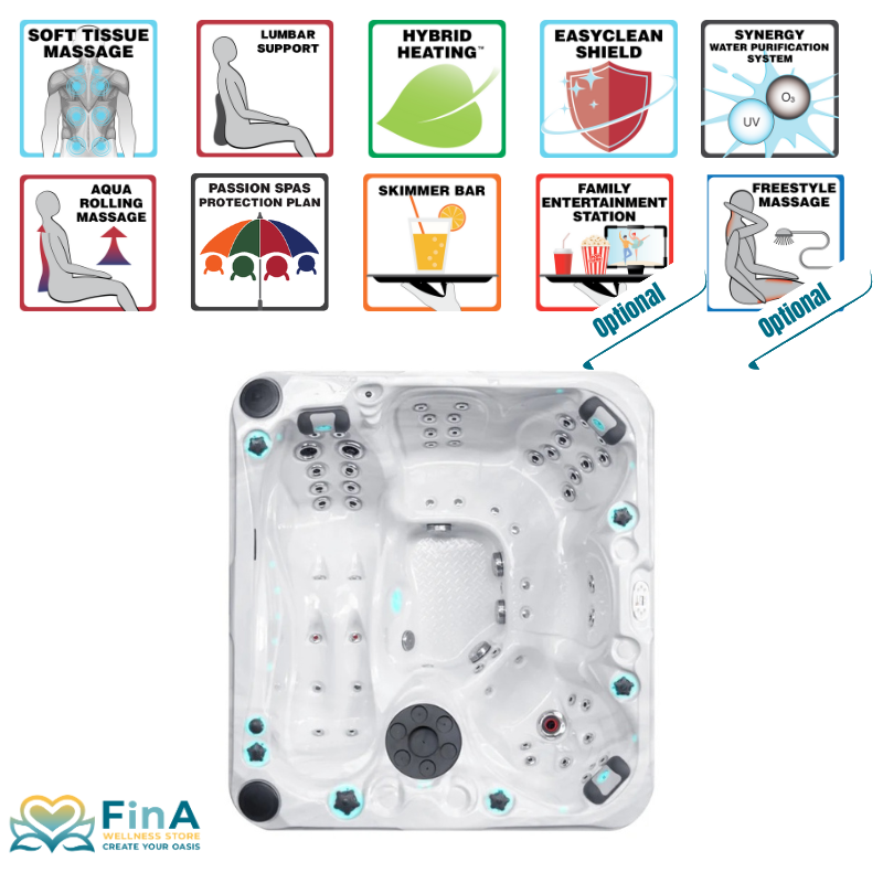Top-Ansicht des Passion Spas Pleasure Whirlpools mit markierten Funktionen wie Aqua Rolling Massage, Hybrid Heating, Soft Tissue Massage und optionalem Freestyle-Massagesystem – kombiniert mit übersichtlichen Symbolgrafiken.