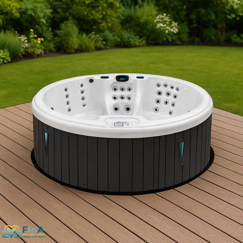 Runder Whirlpool Passion Spas Recharge elegant in Holzdeck eingelassen – modernes Spa-Design mit LED-Beleuchtung und zahlreichen Massagedüsen, umgeben von grünem Garten