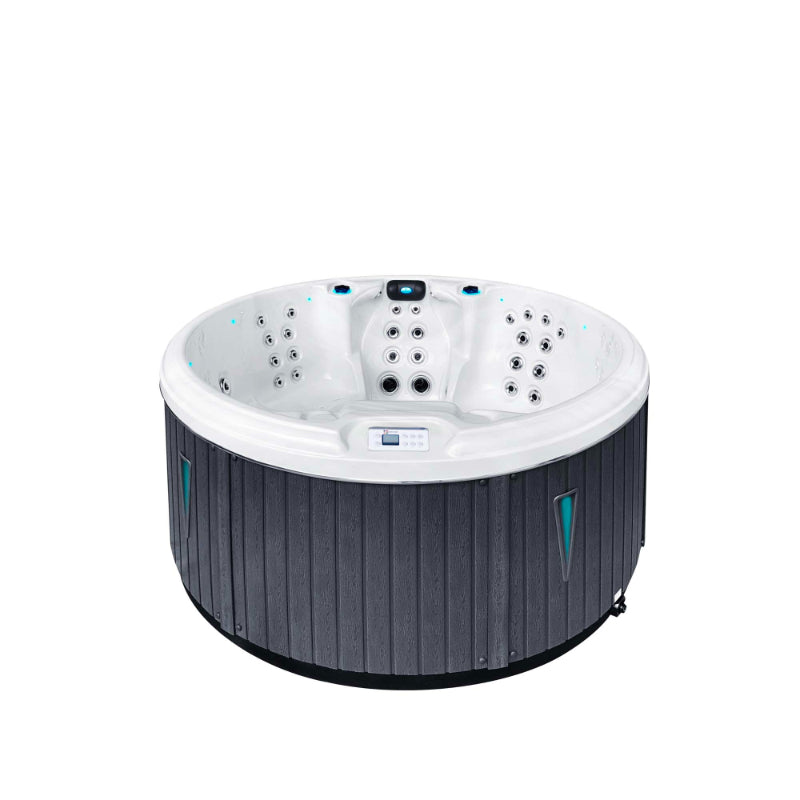 Exklusiver 5-Personen-Whirlpool Recharge von Passion Spas – modernes Runddesign mit LED-Akzenten und Massage-Düsen