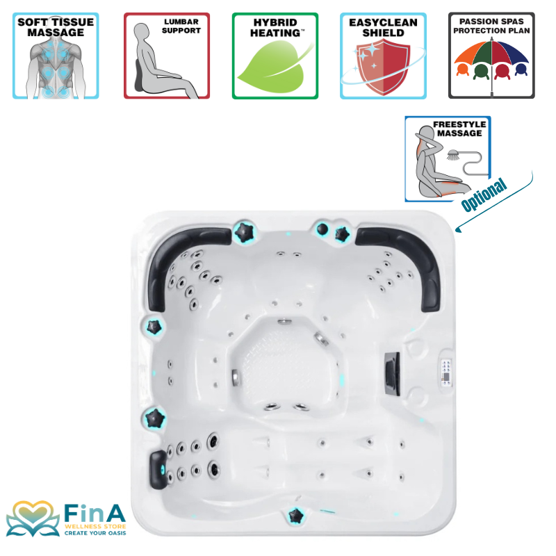 Top-Ansicht des Refresh Whirlpools mit gekennzeichneten Funktionen – Soft Tissue Massage, Hybrid Heating™ und Freestyle Massage Option