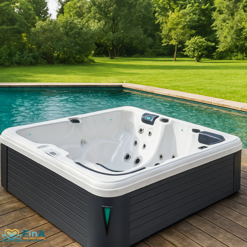 Whirlpool Refresh von Passion Spas mit weißer Acrylwanne auf Holzdeck – stilvoll inszeniert am Pool im Garten