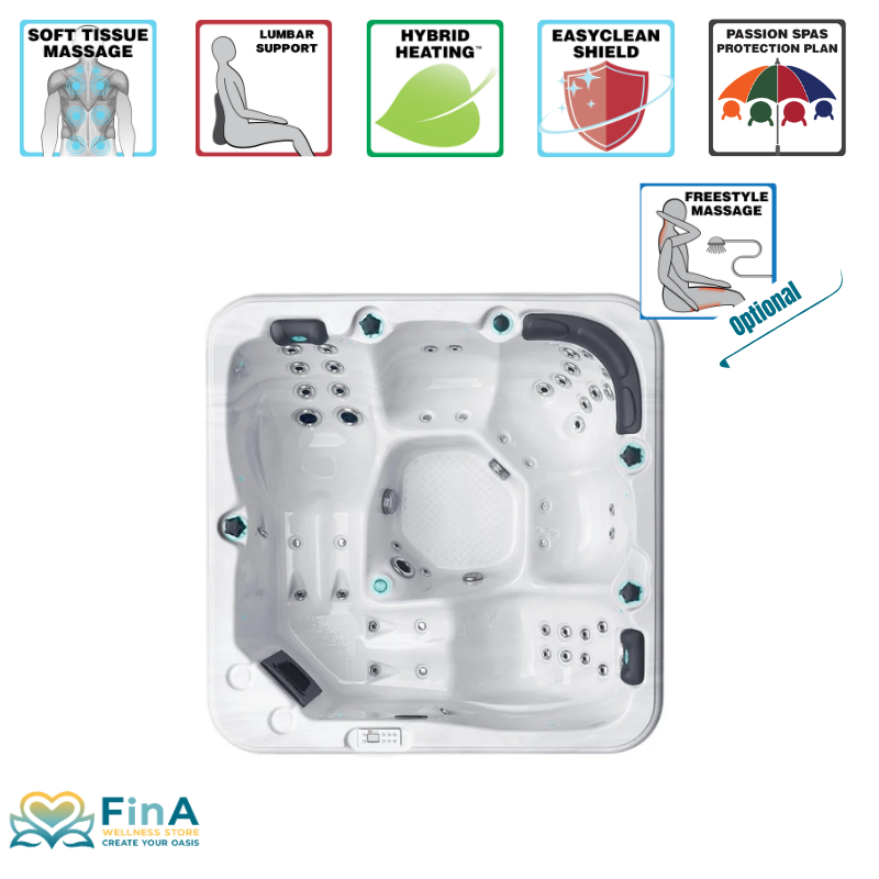 Whirlpool Relax von Passion Spas in Aufsicht – 5 ergonomische Sitzplätze, LED-Akzente und klare Linienführung in Acryl-Optik mit Fina Wellness Store Logo
