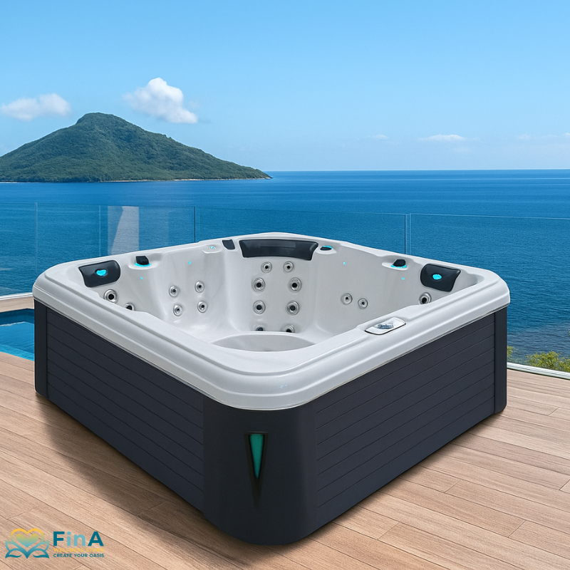 Relax Whirlpool von Passion Spas auf einer Terrasse mit Meerblick – modernes Spa-Design mit beleuchteter Verkleidung und LED-Wannenrandbeleuchtung