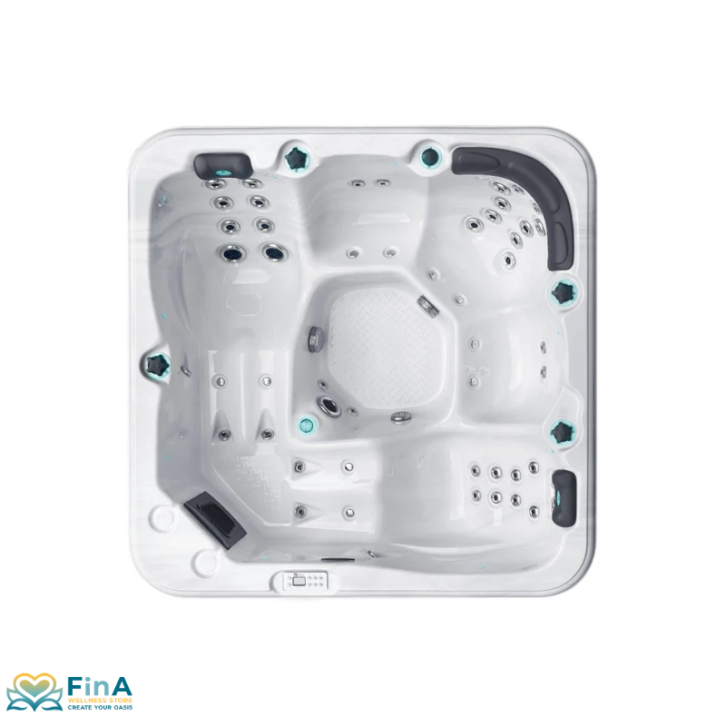 Top-Ansicht des Passion Spas Relax Whirlpools mit Symbolen für Massage, Lendenstütze, Hybrid Heating™ und EasyClean Shield – inkl. optionaler Freestyle-Massagefunktion