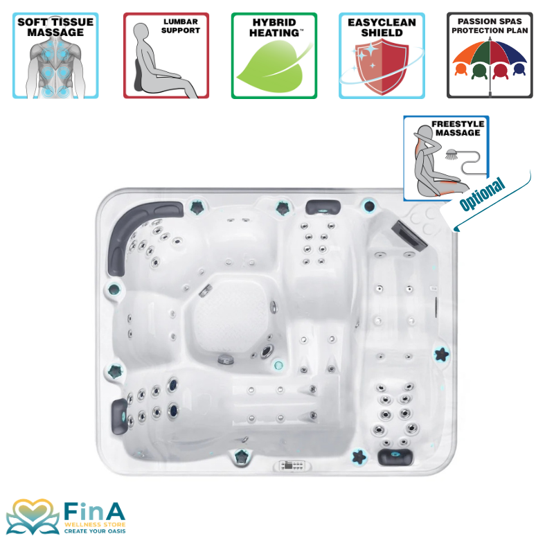 Top-Ansicht des Passion Spas Repose Whirlpools mit Funktionssymbolen für Soft Tissue Massage, Lendenstütze, Hybrid Heating™ und EasyClean Shield