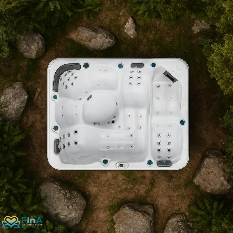 Repose Whirlpool von Passion Spas eingebettet in Naturkulisse – stilvolle Außenansicht aus der Vogelperspektive mit umliegenden Felsen und Grünflächen